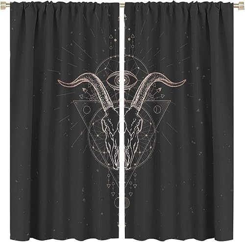 Vista 182 de Cortinas de cabeza de cabra, misteriosa cabeza de cabra malvada, calavera negra, bolsillo para barra, cortinas opacas para ventana, juego de 2