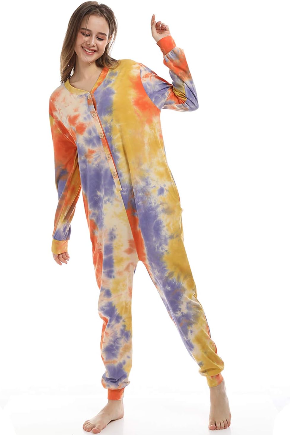 Lifeye Womens Onesie Pajamas Romper Sleepwear Set Tie Dye Long Sleeve Jumpsuit Homewear with Drop Seat Butt Flap - Image 6