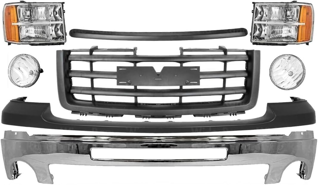 Front Bumper Chrome & Headlight Assembly Kit Fit for GGMMCC Sierra 1500 2007-2013 Bumper Grille Cover Headlight Kit