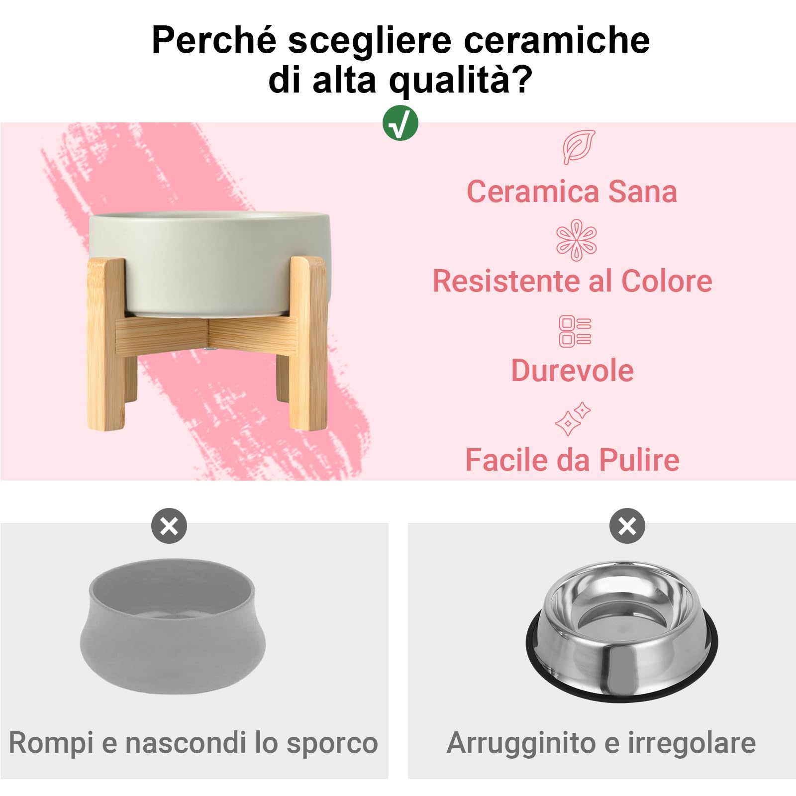 SPUNKYJUNKY Set di ciotole per cani rialzate in ceramica con supporto in bambù per cani e gatti (850 ml, grigio)