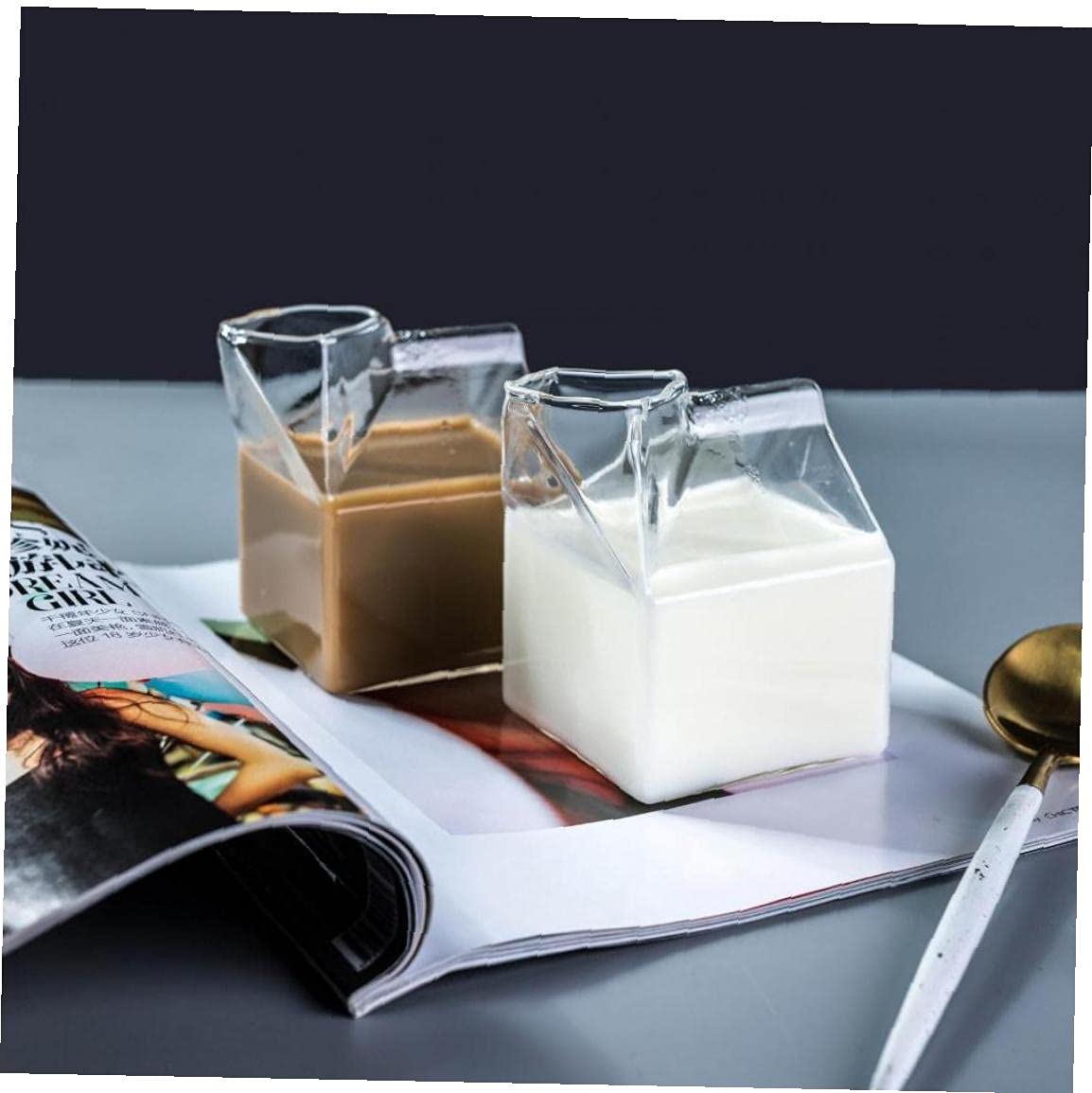 1pc Irregular Milk Glass Cup, 400ml Milk Box Shaped Cup Glass Milk Carton Container for Drink Juice Coffee Tea