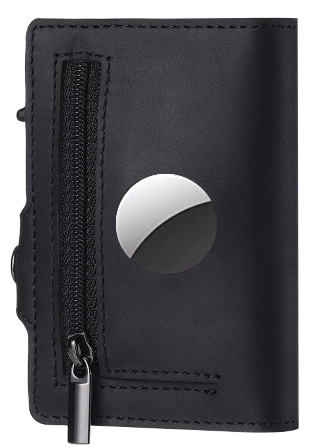 TNE for Airtag Wallet (GPS not Included) Genuine Leather Credit Card Money Holder Automatic Pop Up Mini Aluminum Wallet with Zipper Coin Pocket | Air