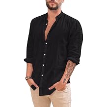 Makkrom Men Linen Shirt Button Down Long Sleeve Cotton Beach Band Collar Casual Summer Shirts