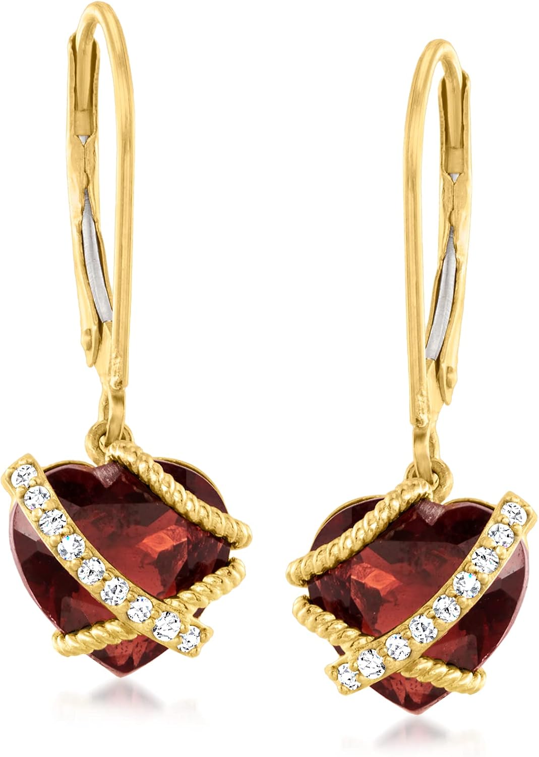 Ross-Simons 4.10 ct. t.w. Garnet and Diamond-Accented Heart Drop Earrings in 14kt Yellow Gold