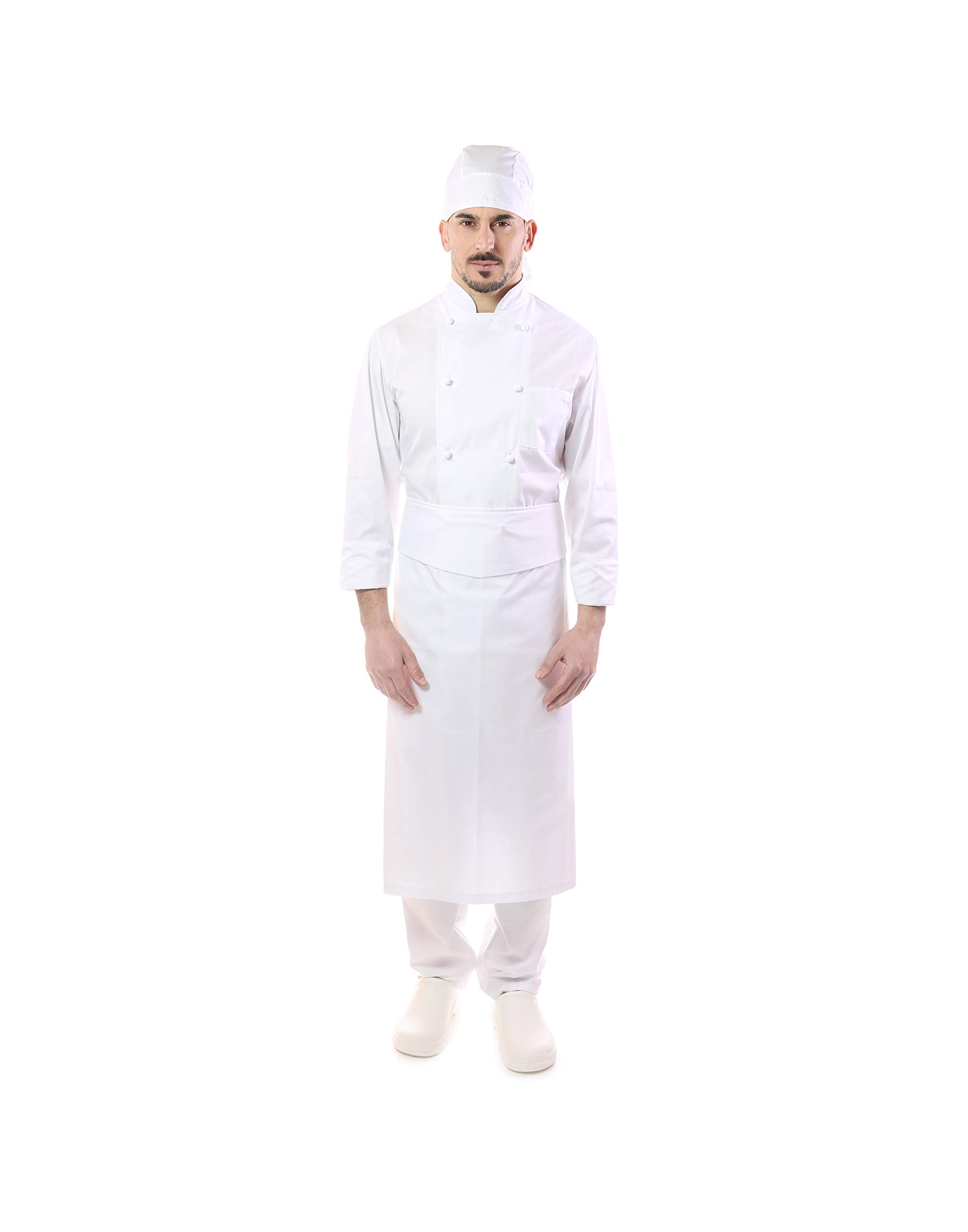 Ricamo Gratuito - Completo Cuoco e Chef Bianco - Uomo - 4 PZ - Giacca, Pantalone, Davantino e Bandana - Divisa per Cucina e Ristorante - Made in Italy