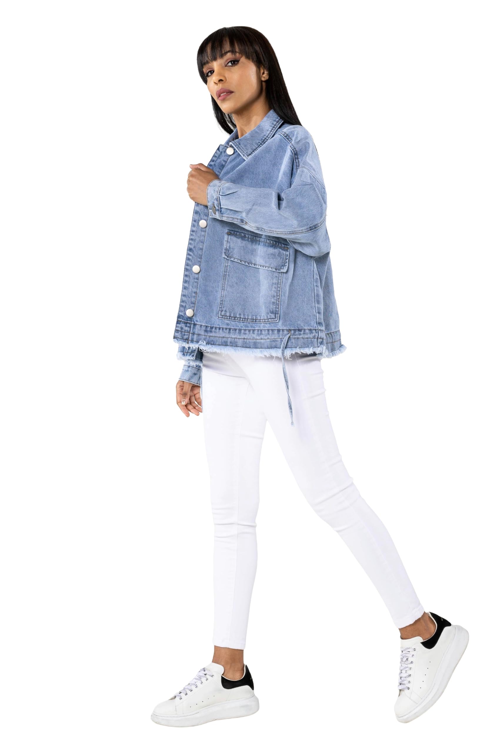 Nina Carter Damen Oversized Jeansjacke – Lockere Denim Jacke mit Knopfleiste und großer Tasche, Casual Übergangsjacke für Frühling und Herbst