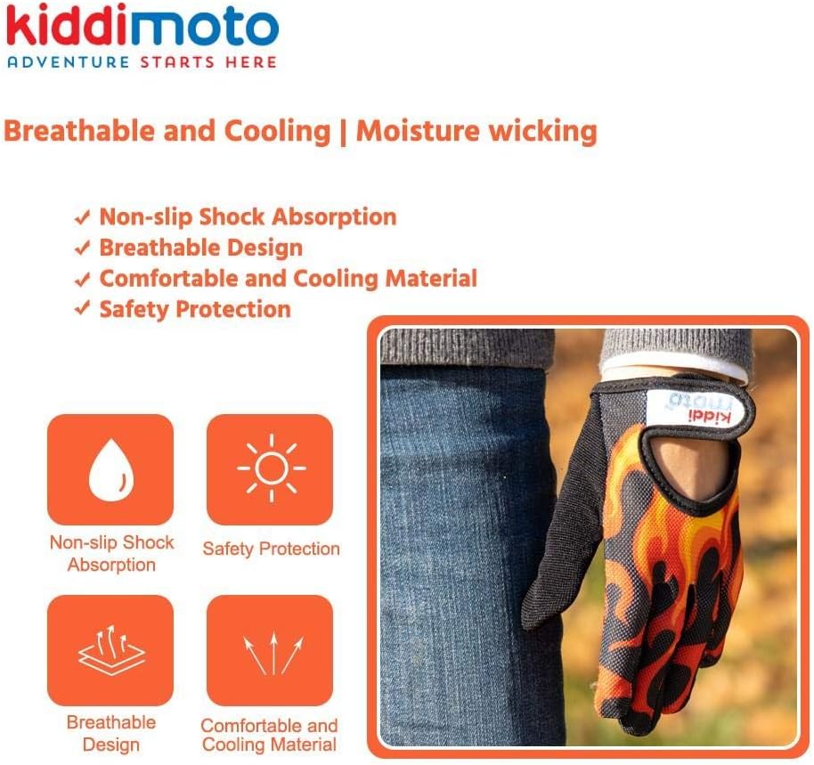 KIDDIMOTO Kids Cycling Full Finger Gloves - for Kids Bike, Balance Bike, Scooter, and Skateboard (Gloves for Girls and Boys) | Available in Different Sizes & Designs (Flames, Large) : Sports & Outdoors