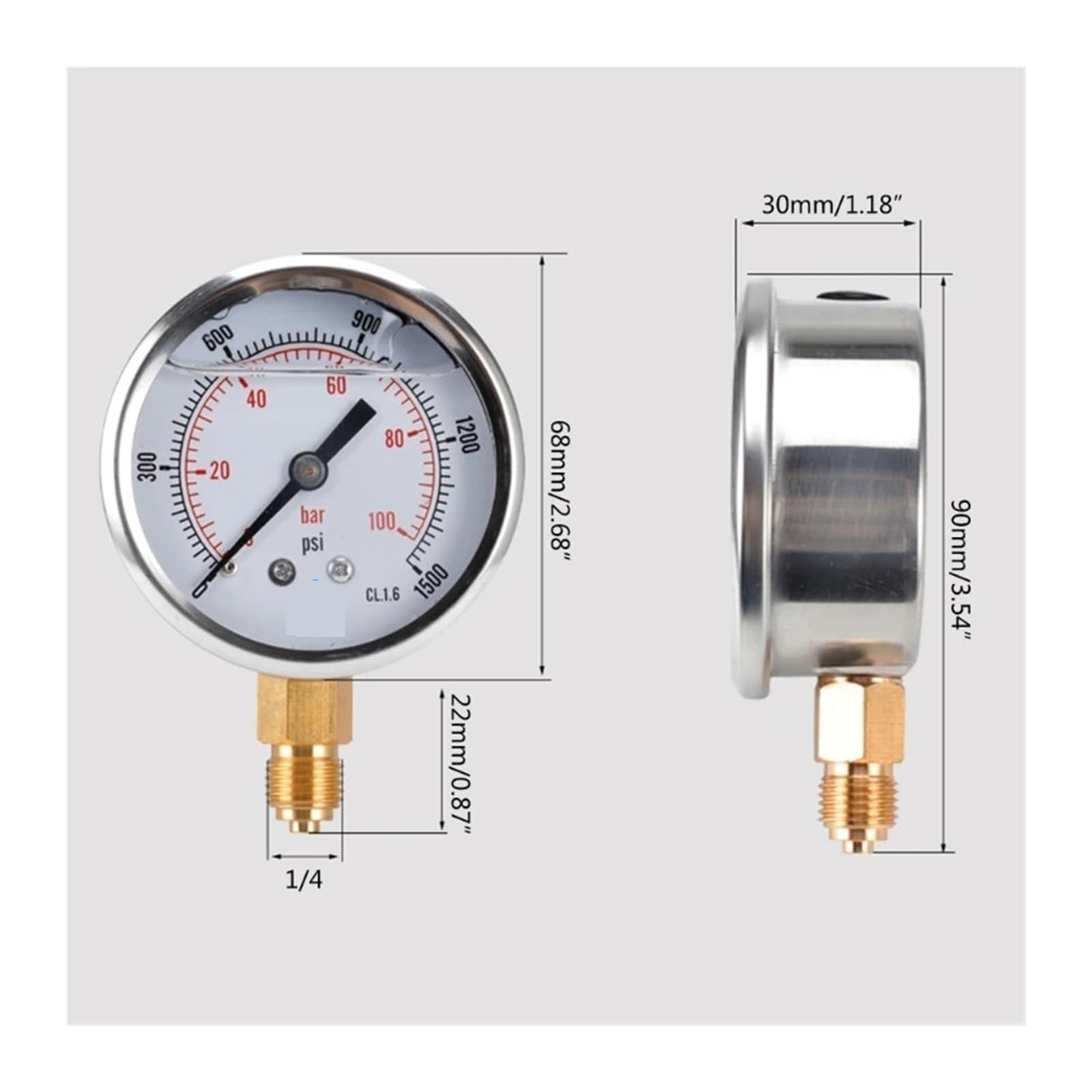 Medidor de presión vacío lleno glicerina, conexión inferior BSP 1/4 pulgadas, 100 Bar, 0-1500 PSI, medidor agua, aire, aceite, Gas, e Dual,Precisión del dial de precisión