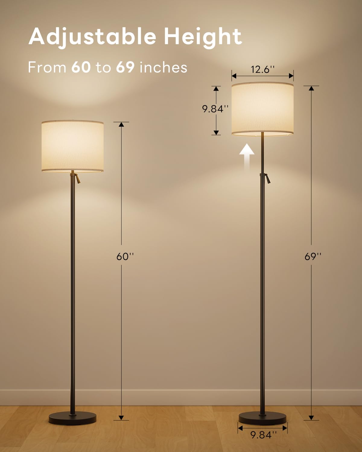 LED Stehlampe Höhenverstellbar, RGB Farbwechsel Leinen Schirm, 152-175cm Teleskopstange Stehleuchte, Magnetische Fernbedienung, 1200lm 10W, 1600K Blaulichtfrei Dimmbar Leselampe, Schwarz