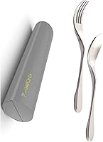 Vista 11 de Knork Eco Astrik - Juego de utensilios reutilizables compostables a base de plantas con funda de transporte, naranja, azul, blanco y gris, juego