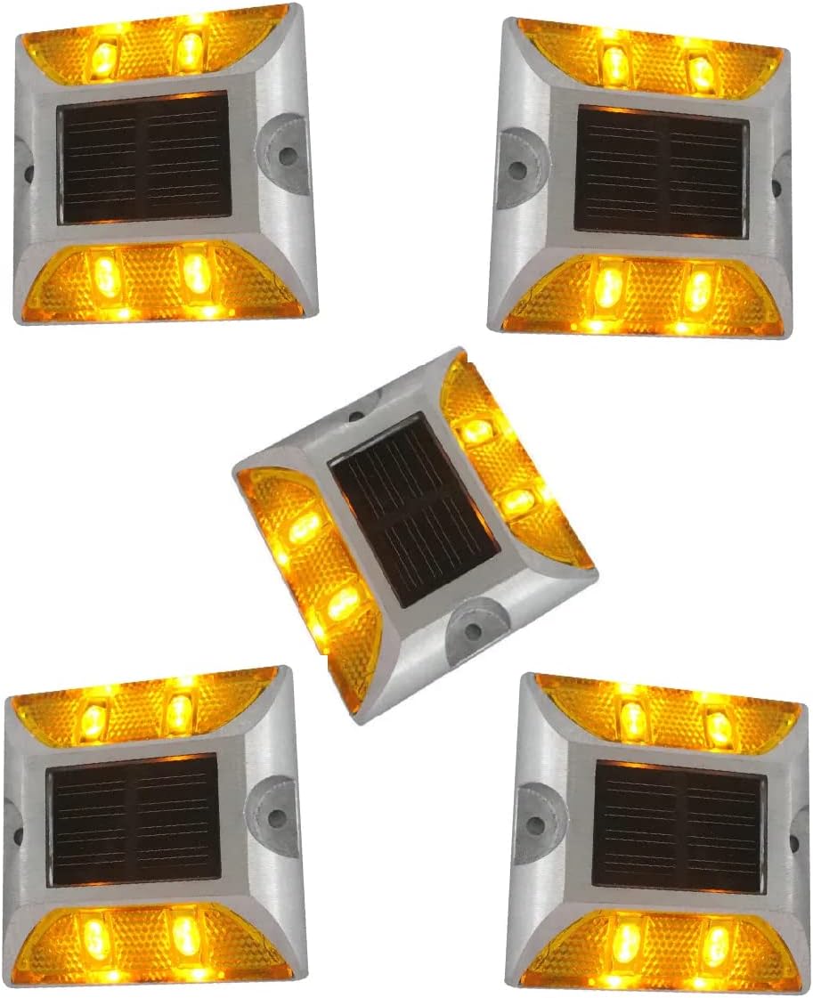 K T I® Solar Road Stud Reflector - Aluminium Yellow LED Light - Weatherproof Outdoor - Great for Speed Bumps, Sidewalks, Pedestrian Crossings, Freeways & Driveways (Pack of 5)