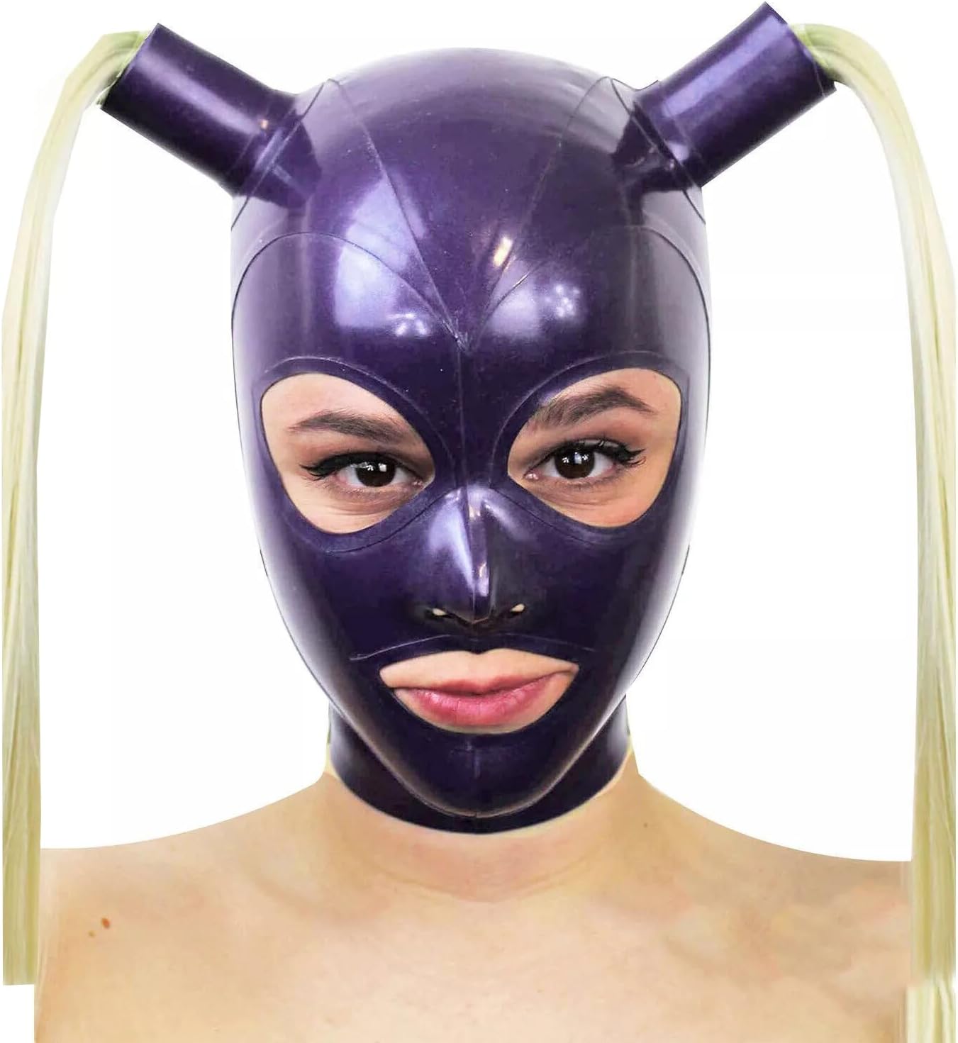Latex Hood Rubber Head Mask with Twin Ponytails Latex Head Cover Back Zipper Natural latex Fetish for Club