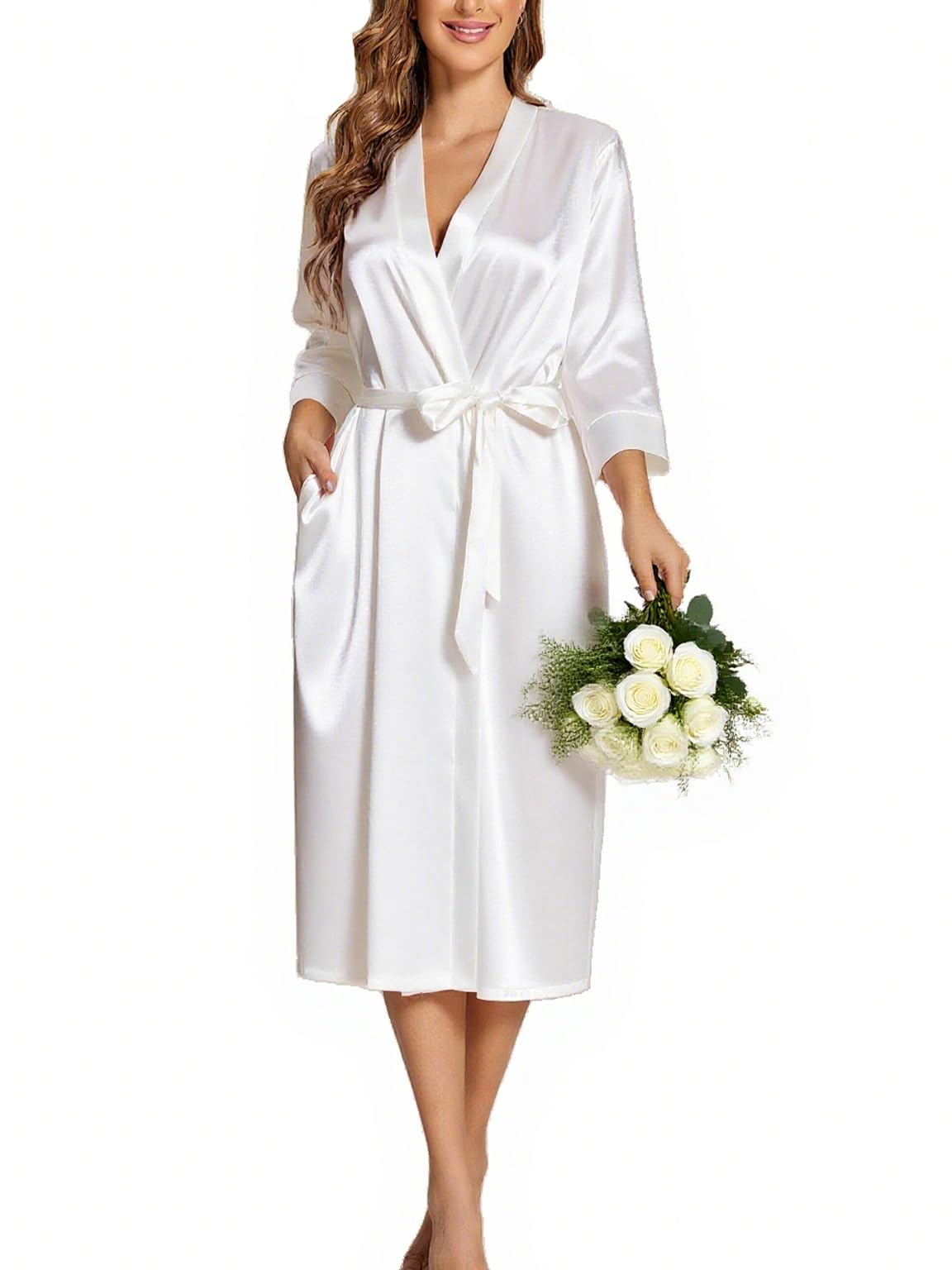 Ekouaer Silk Robes for Women Long Satin Bride Bridesmaid Robe with Pockets
