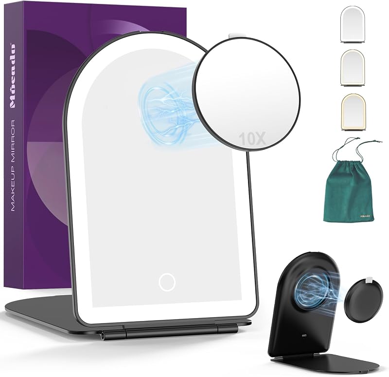 Espelho compacto de maquiagem Mocado com luz, ampliação 1x/10x e carregamento USB-C