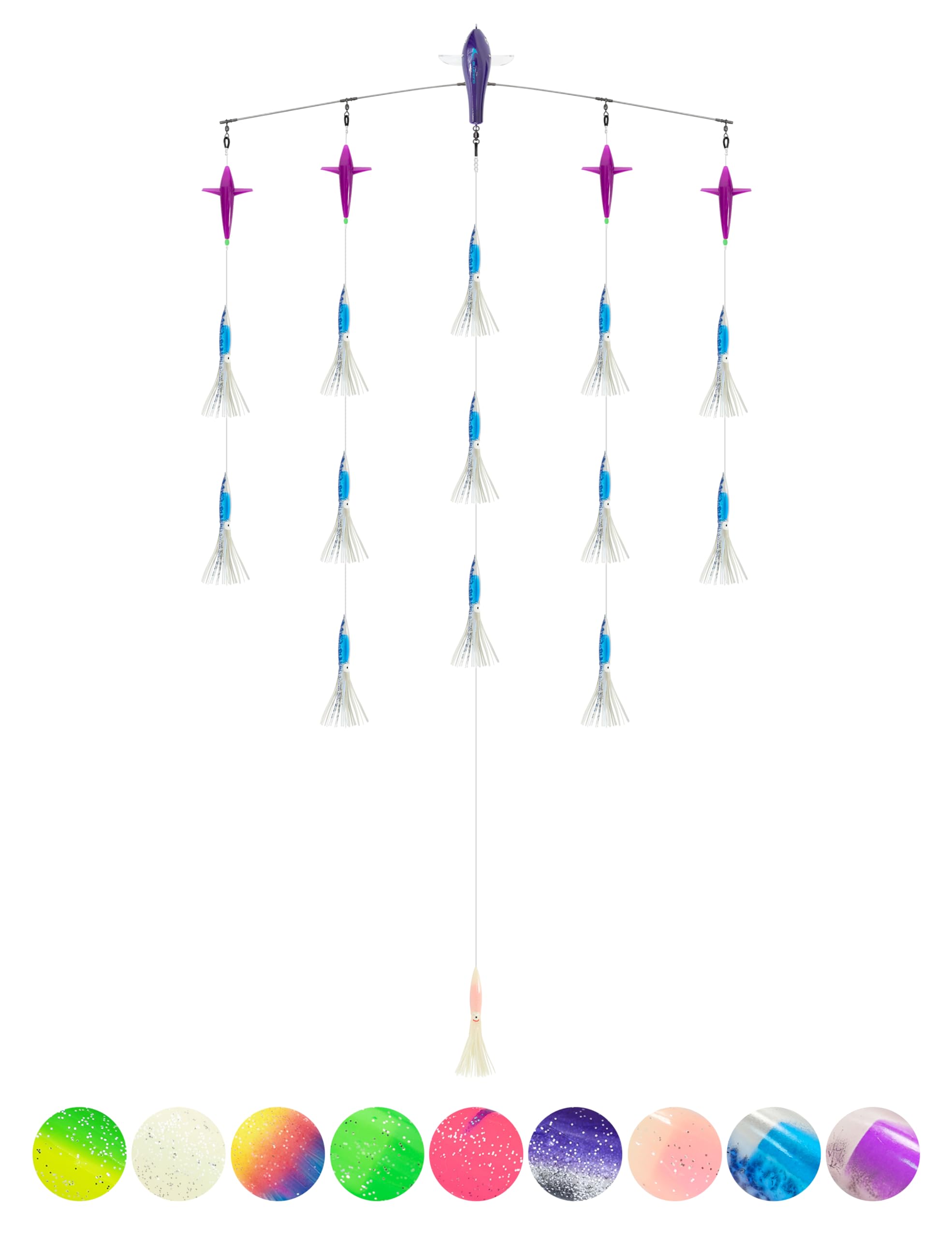 BLUEWING 36in Upgraded Fishing Spreader Bar Canyon with 6in Squids, Trolling Birds, Big Game Trolling Lure and 316 Stainless Steel Rod for Wahoo Tuna Marlin Mahi Mahi, Crystal Blue — image 1