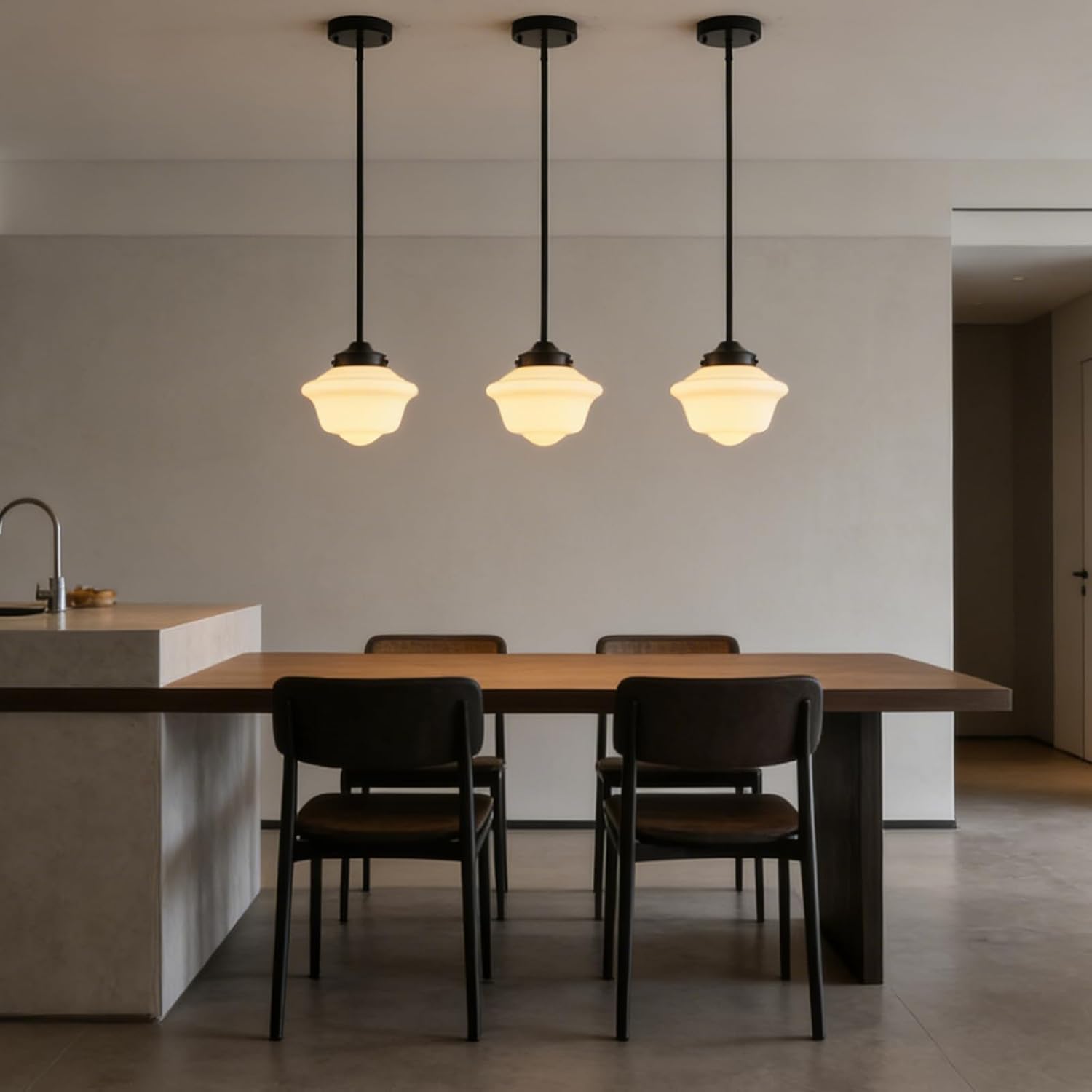 Black Farmhouse Pendant Light, 5in Adjustable Hanging Light with Milk Glass Shade, Small Vintage Pendant Fixture for Kitchen Island, Bathroom, Hallway