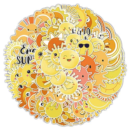 Ratgoo 50 Pcs Lovely Sun Stickers Pack – Cute Yellow Aesthetic Sunshine Waterproof Vinyl Decal Stickers for Water Bottles Laptop Luggage Cup Skateboard Guitar Journal Scrapbook