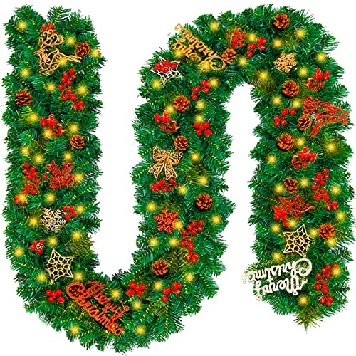 VIPNAJI Ghirlanda Natalizia con Luci,2.7M LED Ghirlanda Natalizia per Porta Scale Camino Albero Di Natale Esterno Decorazioni,Festone Natalizio Rami Natalizi Decorazioni Natalizie per la Casa Interno