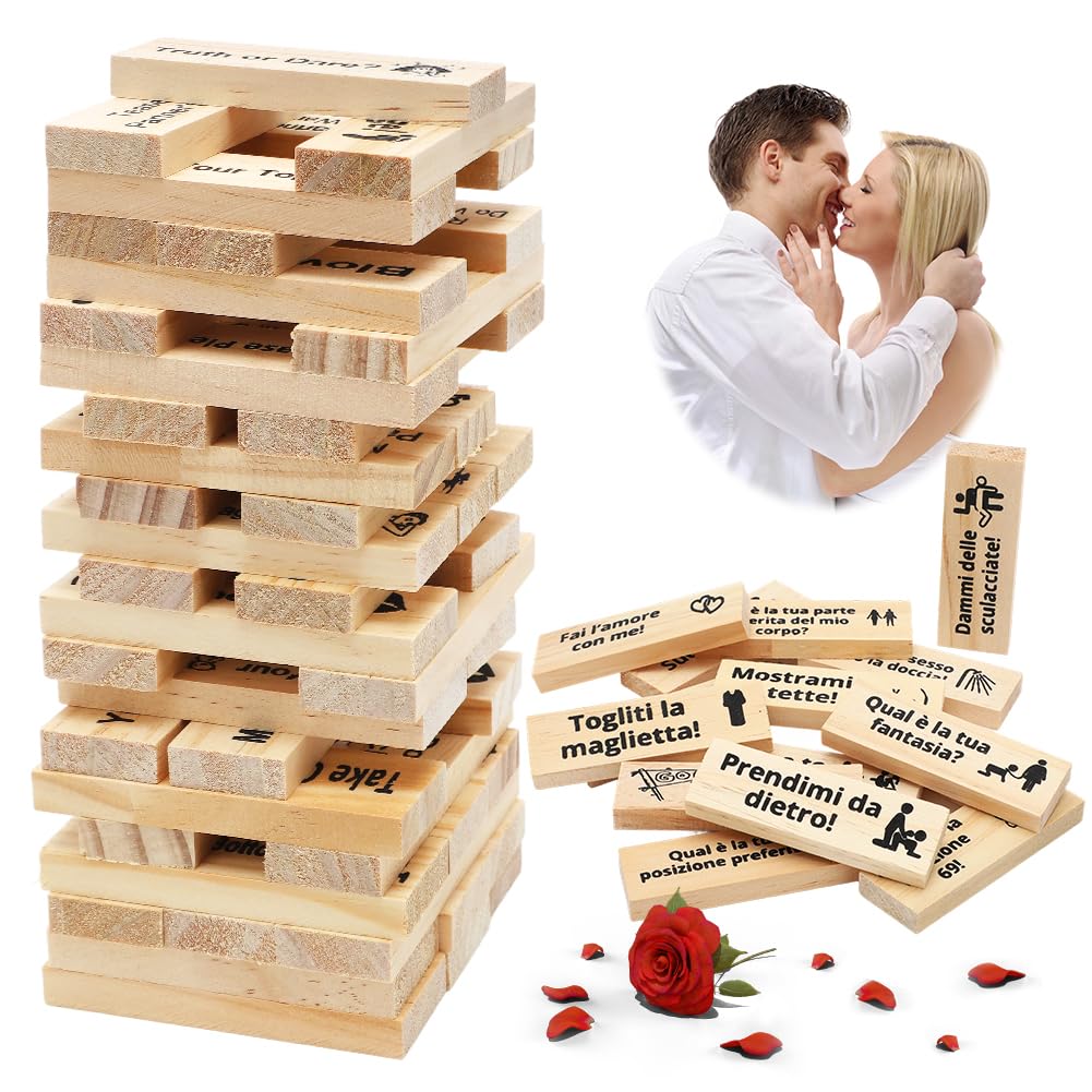 DASIAUTOEM Giochi di Torre della Lussuria, 48 Pezzi Gioco Super Naughty Block Tower, Torre a Blocchi di Coppia Tumbling Lmpilamento in Legno, Regali per Appuntamenti di Coppie Adulte