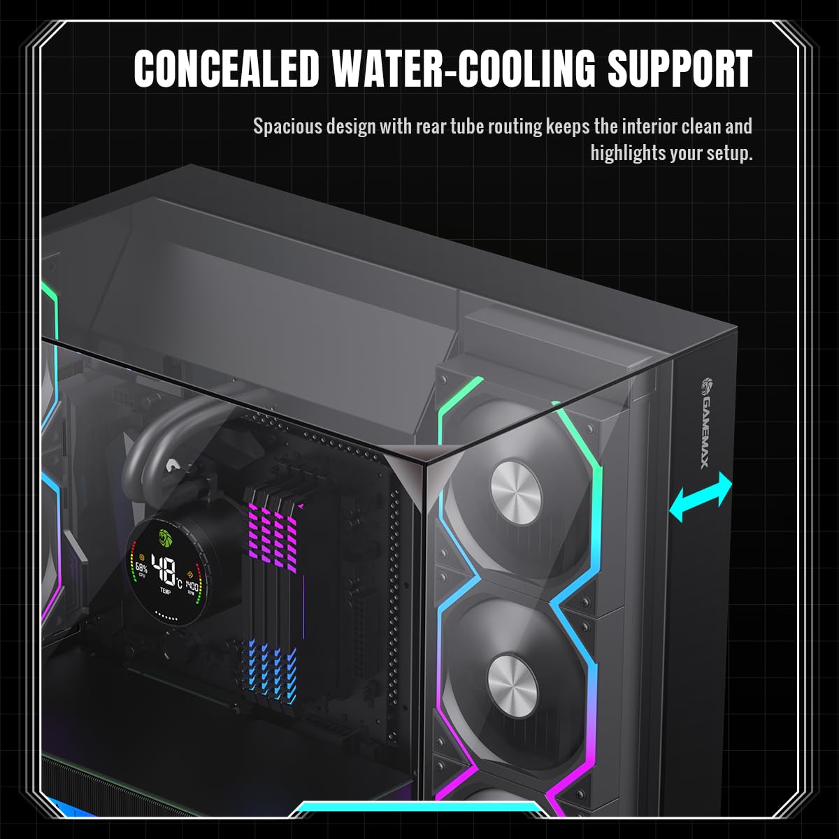 GAMEMAX Infinity PRO BK PC Gehäuse ATX Midi Tower, Panoramaglas 3-Seiten, 5X ARGB PWM Lüfter vorinstalliert, USB-C & Aura Sync, BTF Mainboard, Wasserkühlung bis 360mm – Schwarz