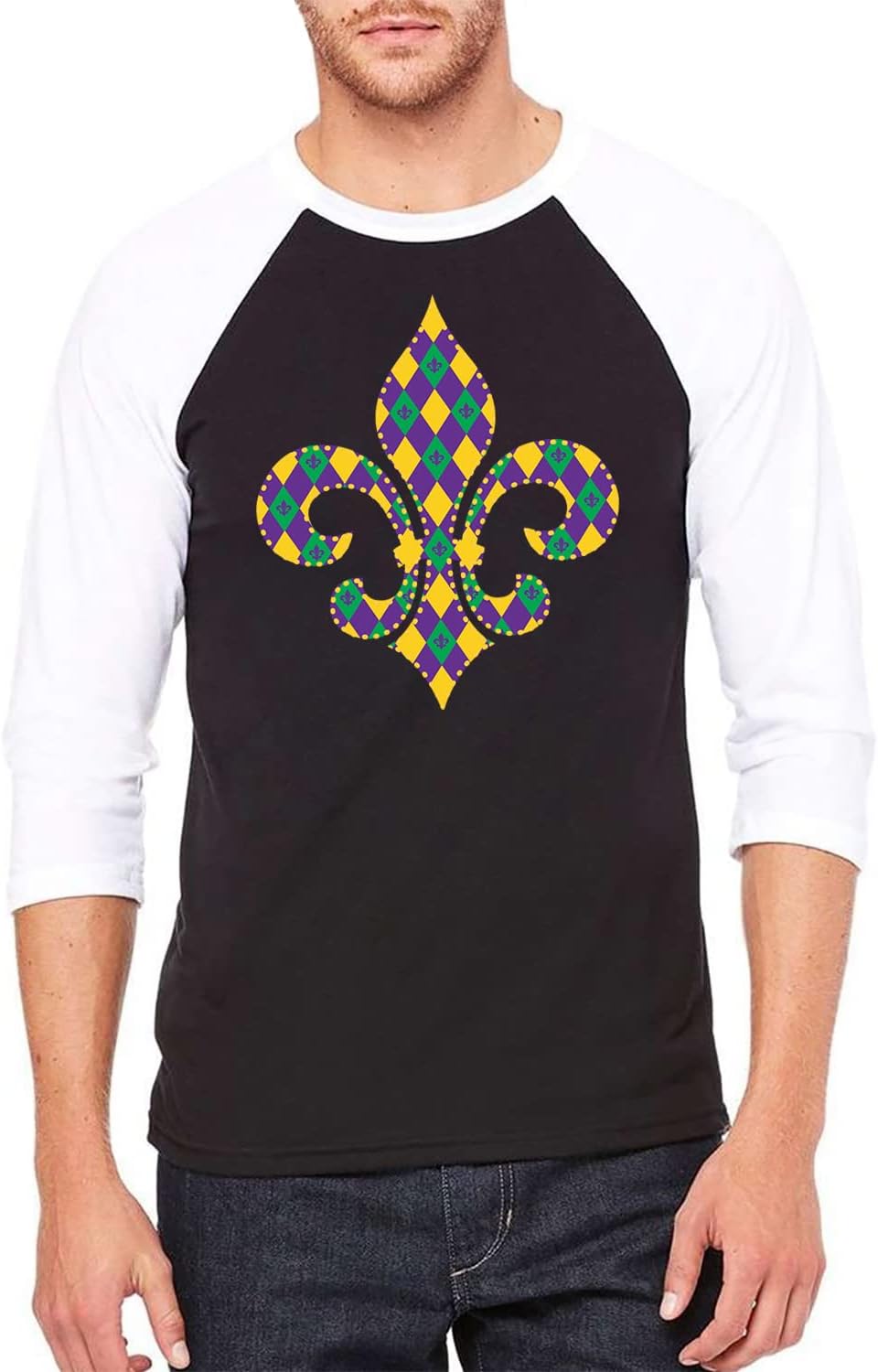 Threadrock Checkered Mardi Gras Fleur De Lis Symbol Unisex Raglan T-Shirt