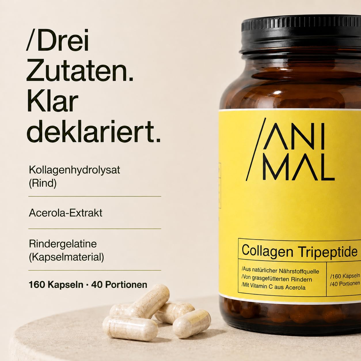 Kollagen Kapseln hochdosiert [160 Stk.] – Collagen Tripeptide nur 500 Dalton – Mit Vitamin C aus Acerola für eine normale Kollagenbildung – 2.000 mg Kollagen pro Tagesdosis – 40 Portionen