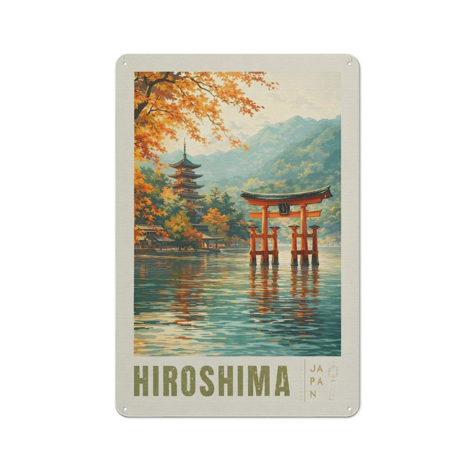 Junmoney Style-9 Hiroshima Autumn Torii Gate And Pagoda Printed Metal Sign 30X20cm For Workshop Wall, Suited To Metal Sign Collectors, For Retro Home Interiors