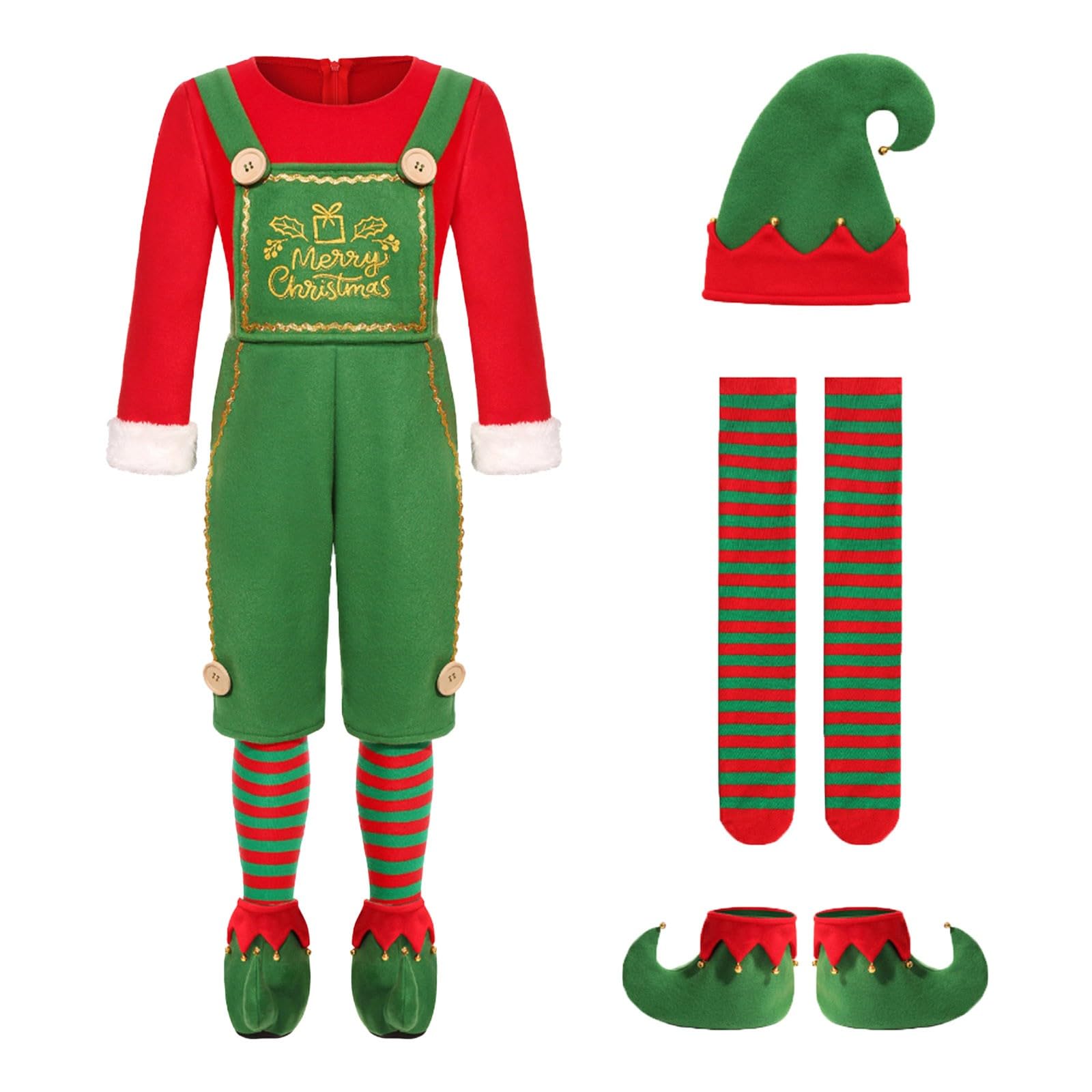 Christmas Elf Costume for Men UK 4Pcs Set with Green Red Romper Jumpsuit Hat Shoe Covers and Stockings Mr Santa's Helper Full Outfit for Xmas Parties Halloween Cosplay Carnival Fancy Dress