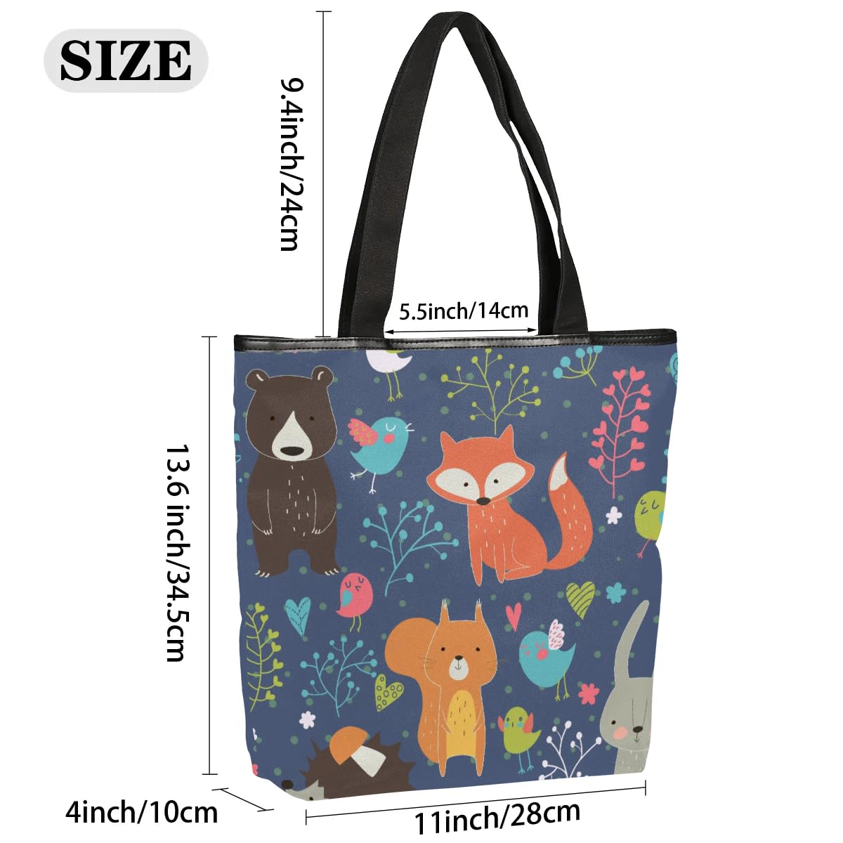 Mularoka Fox Rabbit Squirrel Canvas Tote Bag with Zipper and Pockets Canvas Tote Shopping Bag Women Reusable Grocery Bag for Beach Travel Gym Shopping