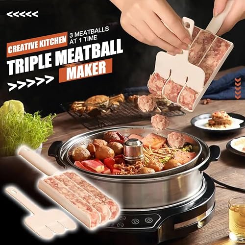 Miniatura 2 de Triple albóndigas multifunción antiadherente para hacer 3 albóndigas a la vez, fácil de limpiar con una pala de corte de cocina (blanco)