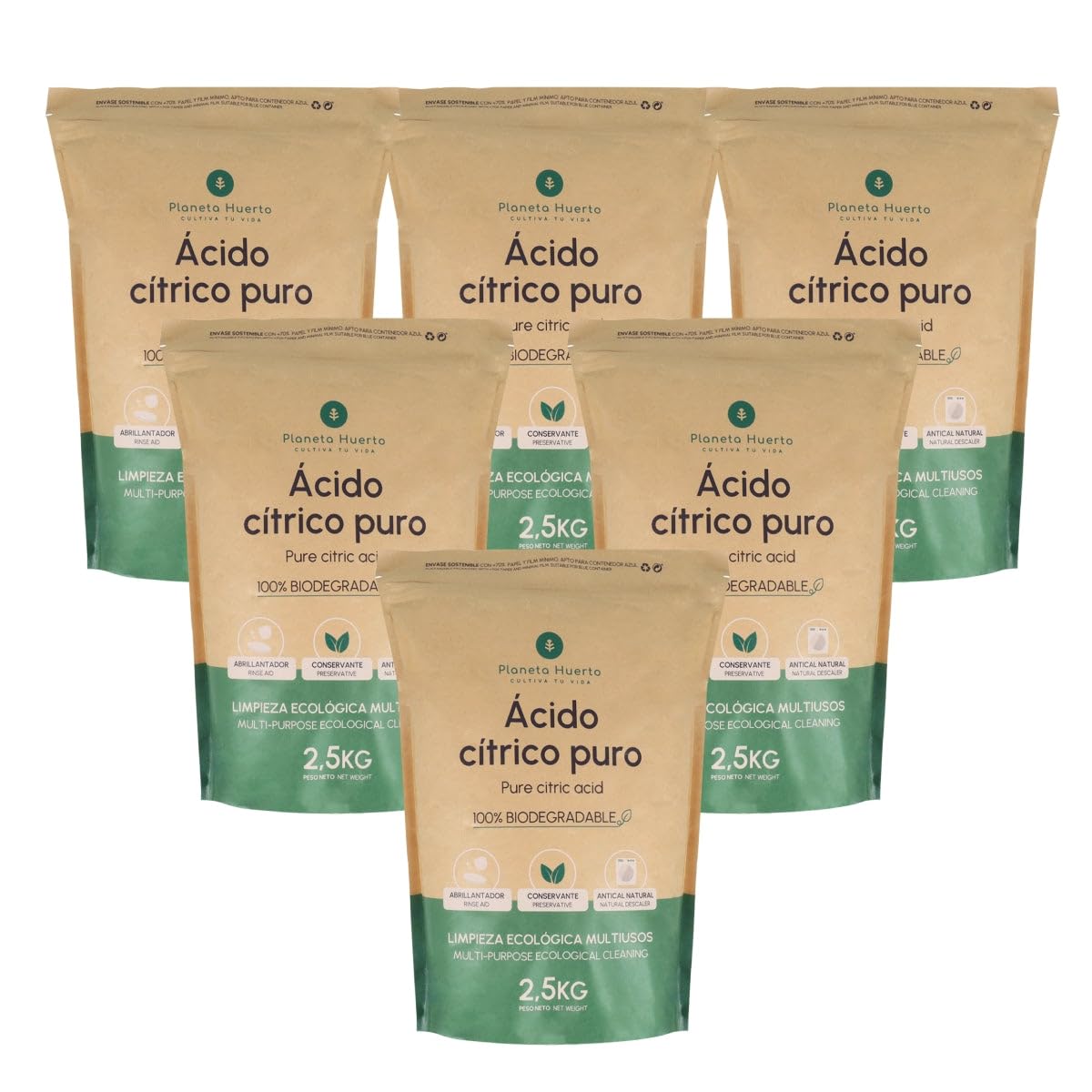 PLANETA HUERTO | Pack 6 Ácido Cítrico 2,5 Kg Anhidro Ecológico y Biodegradable - Acído Cítrico Desincrustante Natural Lavadora, Abrillantador Lavavajillas y Suavizante Ropa, Ideal Detergentes Casero