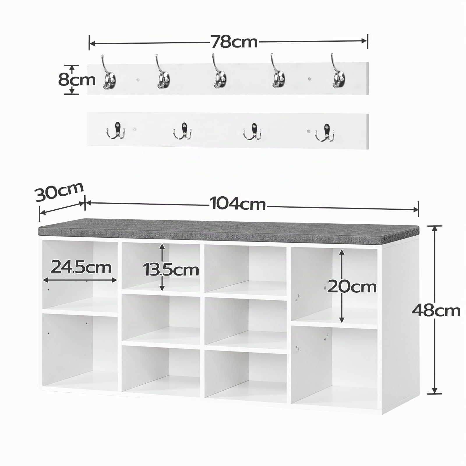 HOOBRO Schuhbank mit 10 Fächern, Schuhregal Set, Schuhregal mit gepolsterter Sitzbank mit Stauraum, Wandgarderobe mit 9 Haken, Schuhschrank für Flur, Eingangsbereich, Schlafzimmer EWT110HX01