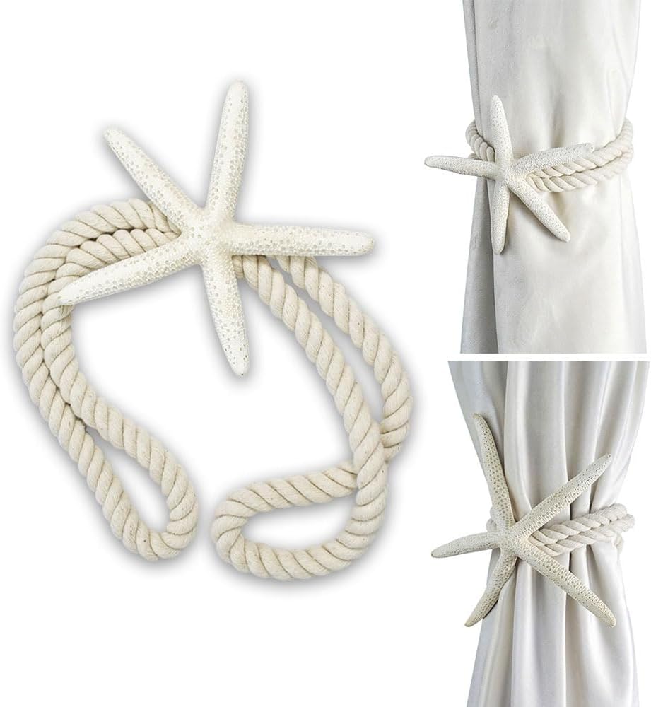 2Pcs Starfish Shape Curtain Tiebacks – Handmade Woven Rope Beach Themed Curtain Ties for Living Room,Bedroom Window Decor