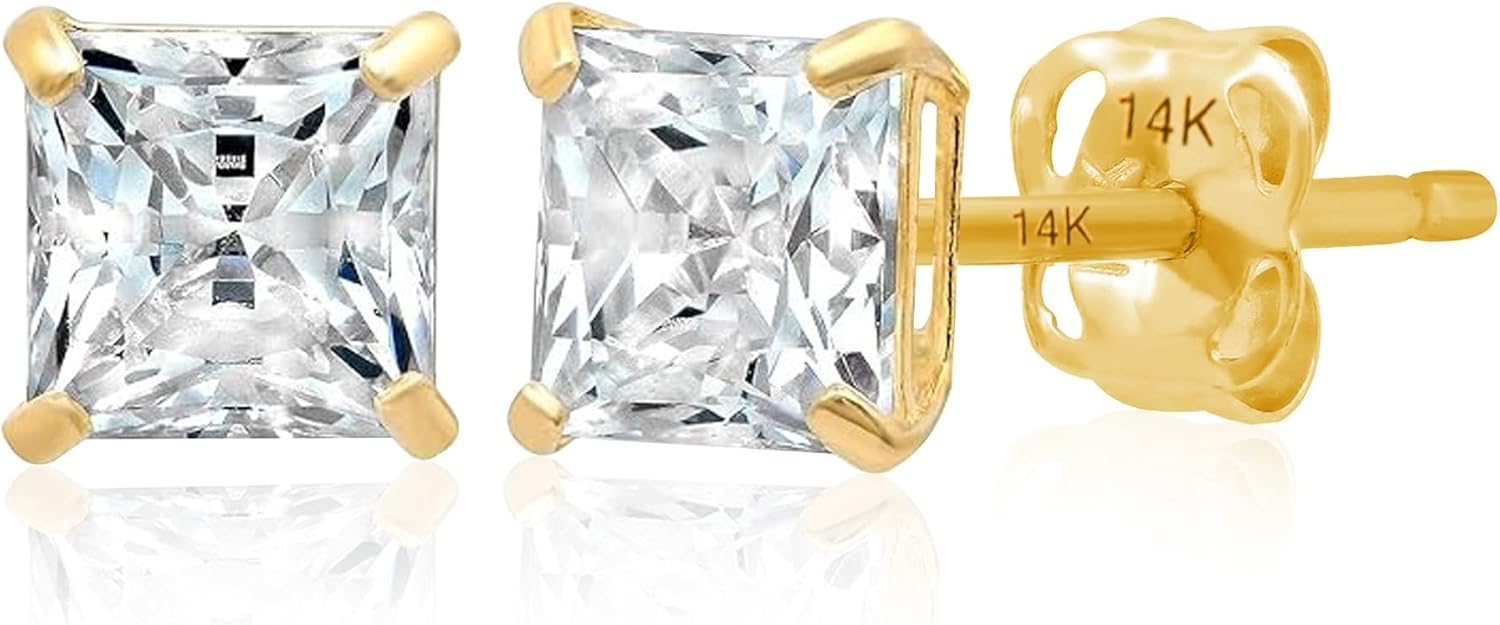 14K Gold Princess Cut CZ Stud Earrings for Women & Men | Anti Tarnishing Cubic Zirconia Earrings Studs with 14K Gold Butterfly Backs | 4MM 5MM 6MM 7MM CZ Gold Earrings by MAX + STONE