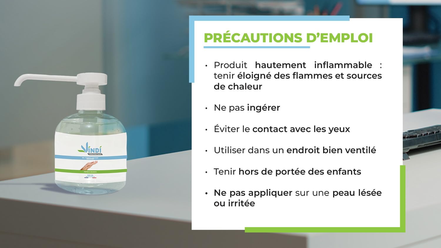 Vindi Désinfectant gel hydroalcoolique - Lot de 5 flacons pompe de 300ml - Fabrication Française - 76% d'alcool - Désinfection des mains - Virucide