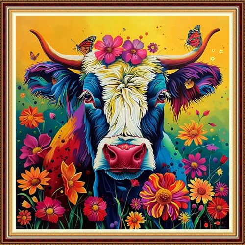 Image of Fanxvivy Stamped Counted Cross Stitch Kits for Adults Printed Cross-Stitch Patterns 11CT Stamped or Counted Cross Stitching Embroidery Kit Needlepoint Kits-Flower Colored Cow 18x18 inch