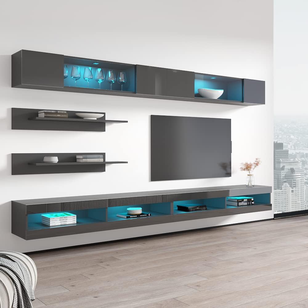 Meble Furniture Fly I1 34TV Stand Wall-Mounted Entertainment Center — Floating Modern TV Console with Storage, Shelves, and LED Lights — Engineered Wood, 59.1 x 15.7 x 13.8 in — Grey