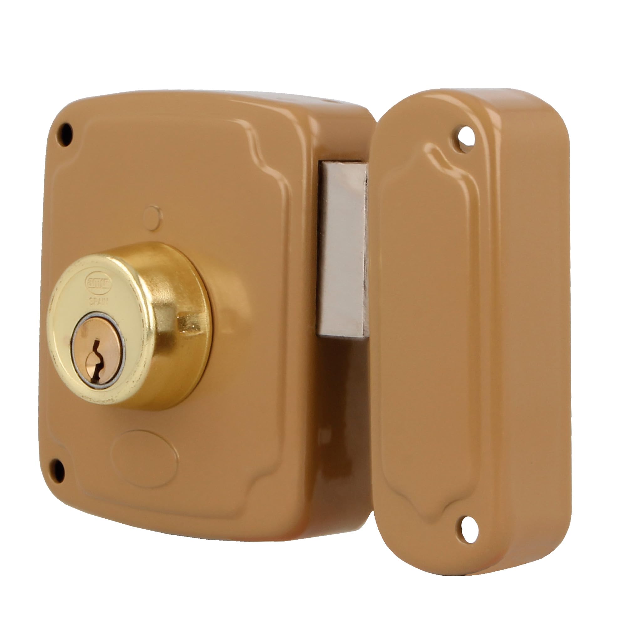 Amig - Cerradura de Sobreponer de Derecha con Palanca de Cierre y Lengüeta para Puertas de Madera Mod. 72PU / 80 x 95 mm/Pestillo Con Cilindro Redondo/Acero Dorado