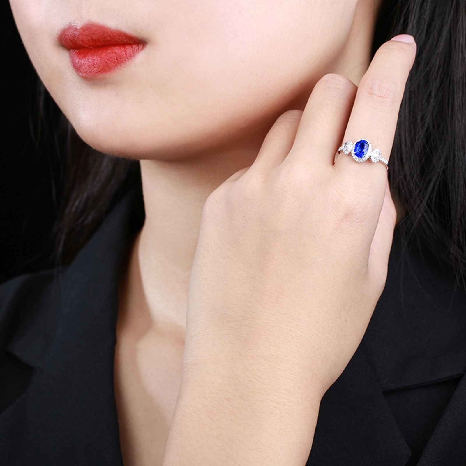 Daesar Anillos para Compromiso Mujer con 4 Garras Oval con Zafiro Creado de 1.19ct y Moissanita, Oro Blanco 9K/14K/18K, Anillos Alianza Plata Azul