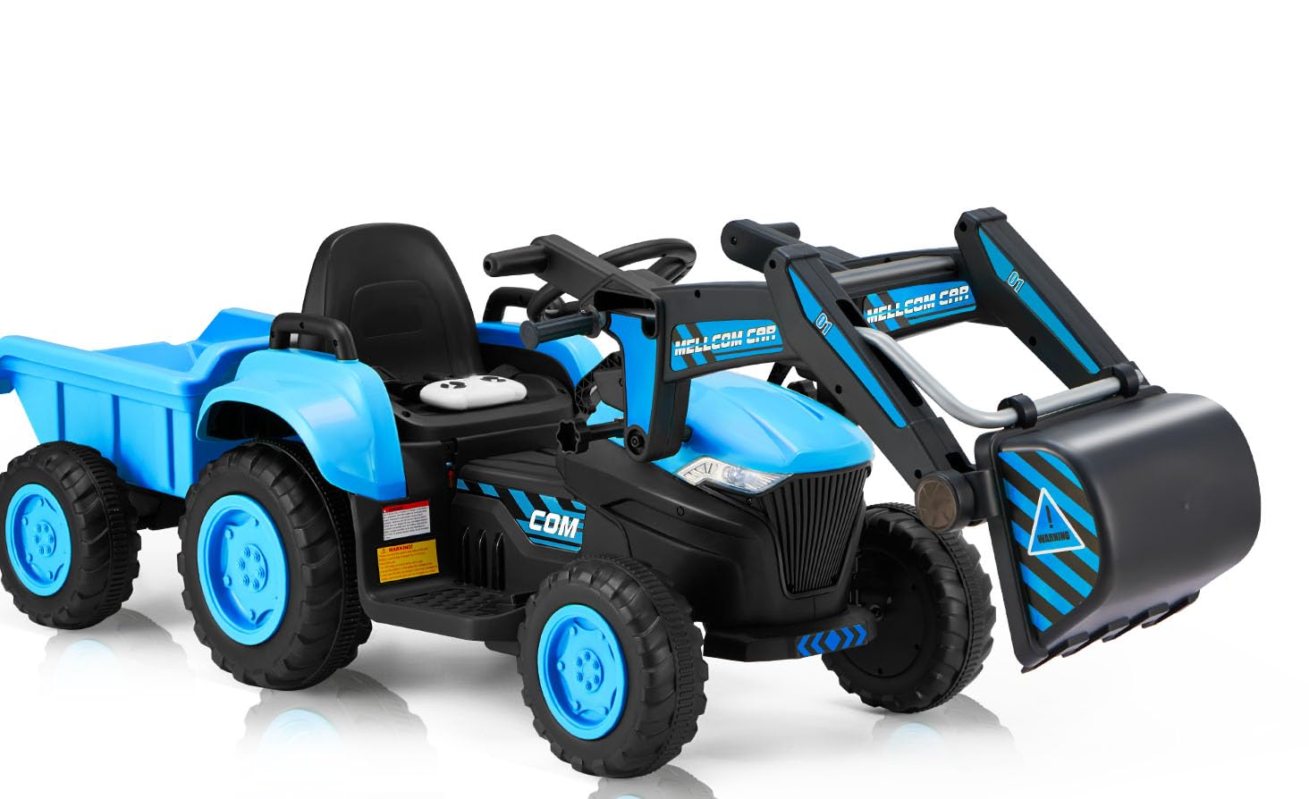 MELLCOM Ride on Excavator,12V Battery Powered Bulldozer Ride on Construction Vehicles with Trailer, Kids Car with Parent Remote, Ride on Toys with Digger, Horn, Lights, Music Player, Safety Belt, Blue