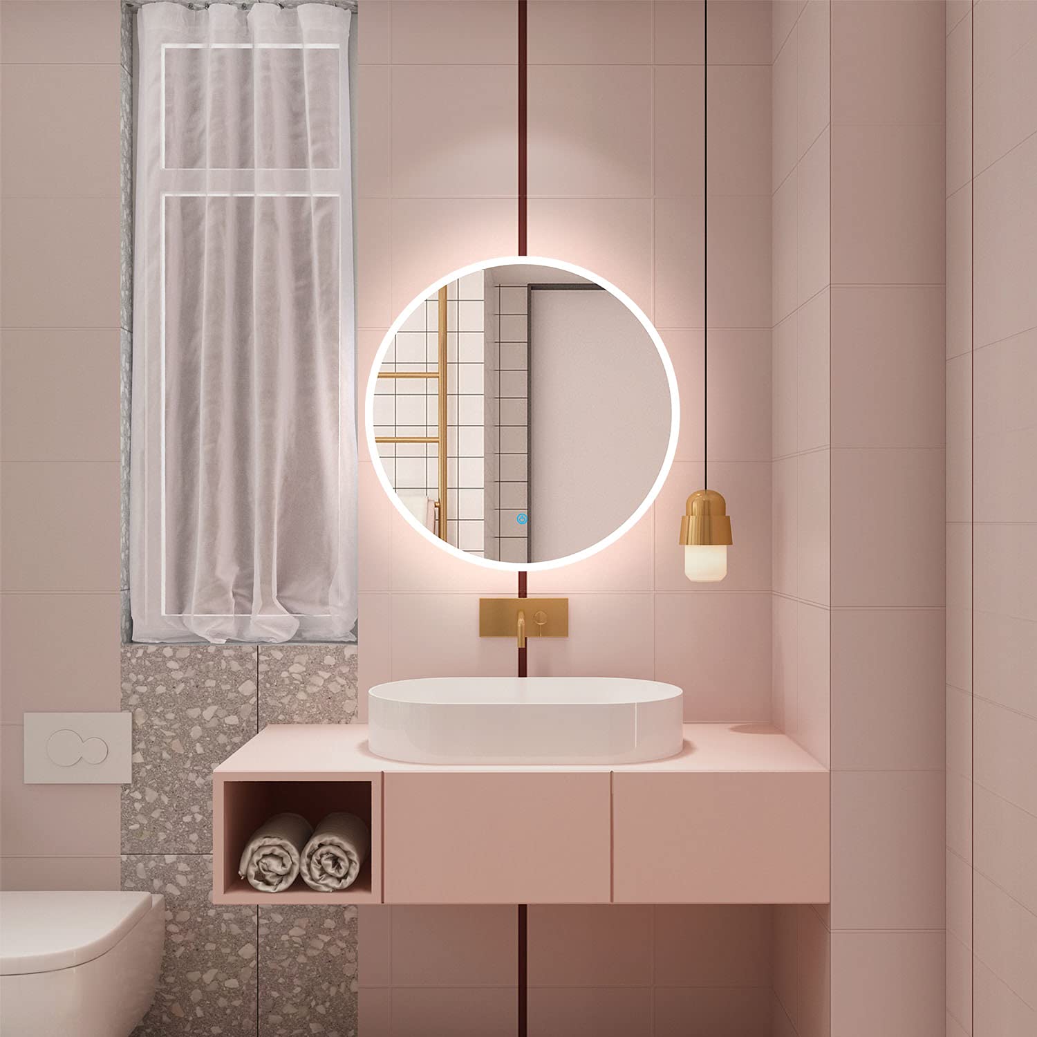 Okrągłe lustro łazienkowe 80 cm z przeciwmgielnym światłem LED (zimna biel 6000 K) przełącznik dotykowy – nowoczesne naścienne lustro kosmetyczne do dekoracji domu i rutyny kosmetycznej