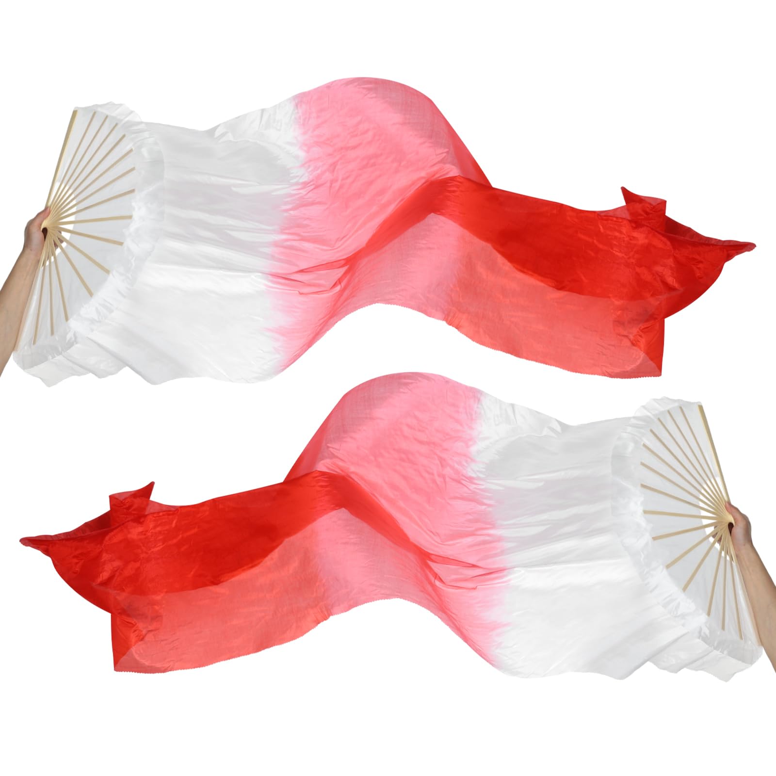 PATIKIL 16 Fan Belly Dance Silk Fan Veil 71", 1 Pair (Left+Right) Women Long Folding Dance Fan Wood Fan for Dance Performance, White Light Red Bright Red