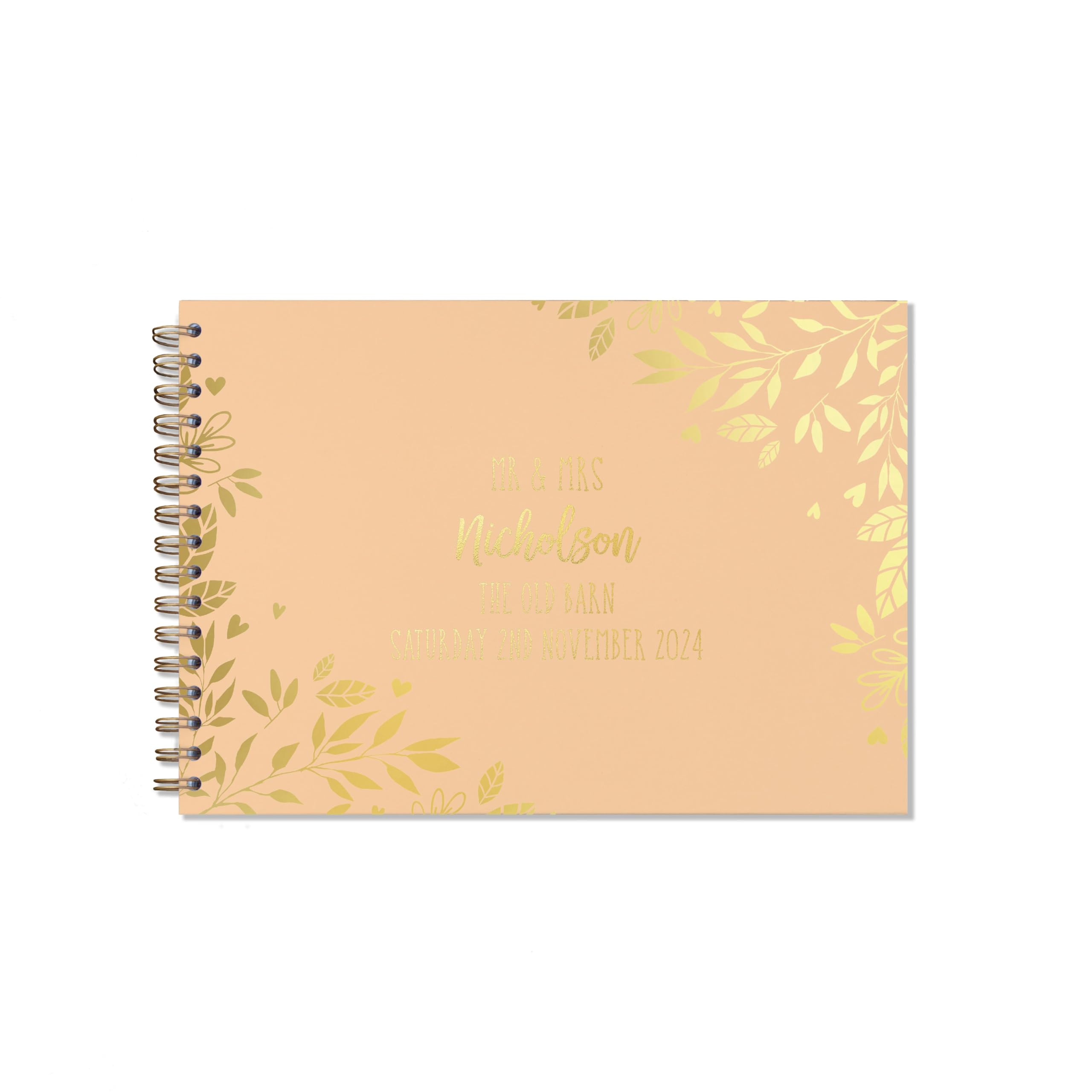 "Manta Makes Wedding Guest book personalised gold foil 26 colour choices A5 or A4, signing book wedding decorations for wedding reception, wedding books for guests to sign (A5, Peach)"