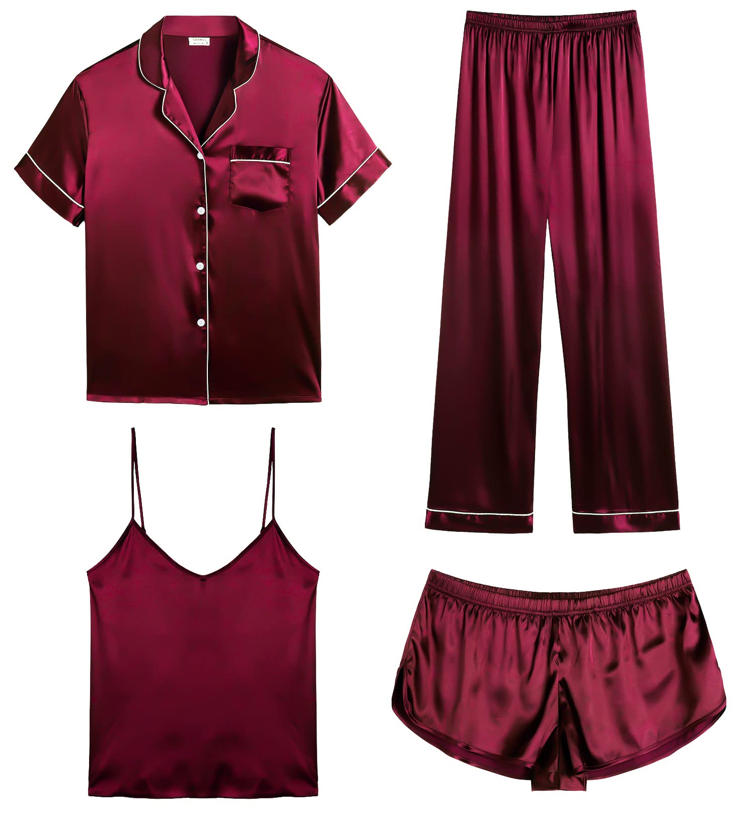 SWOMOG Womens Silk Satin Pajamas Sets 4pcs Sleepwear Sexy Cami Shorts Set and Button Down Short Sleeve Pjs Loungewear Wine Red Large