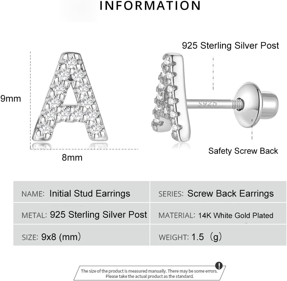 Initial Stud Earrings for Girls, Sterling Silver Post Toddler Hypoallergenic Screw Backs 14K Gold Plated Letter Initial Earrings for Women Jewelry Gifts