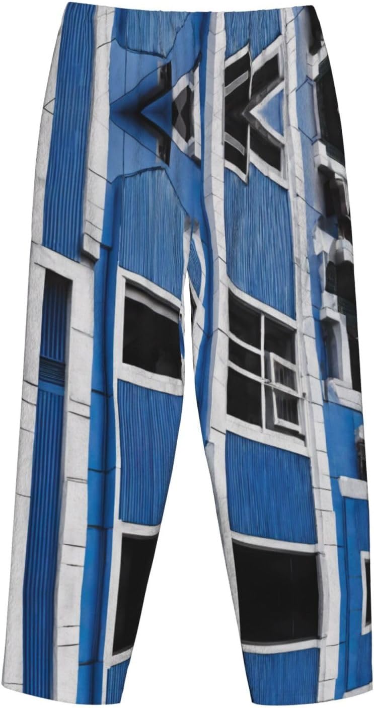 Blue Building Print Cozy Christmas Pajama Pants,Flannel Pajama Bottoms,Cater To Various Body Types