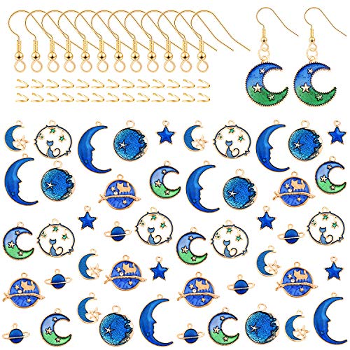 144 Piezas Encantos de Esmalte de Estrella Luna Azul Chapados en Oro Ganchos de Pendientes y Anillos de Salto Abiertos para Aretes Collar Pulsera de Bricolaje Fabricacin de Joyas, 8 Estilos
