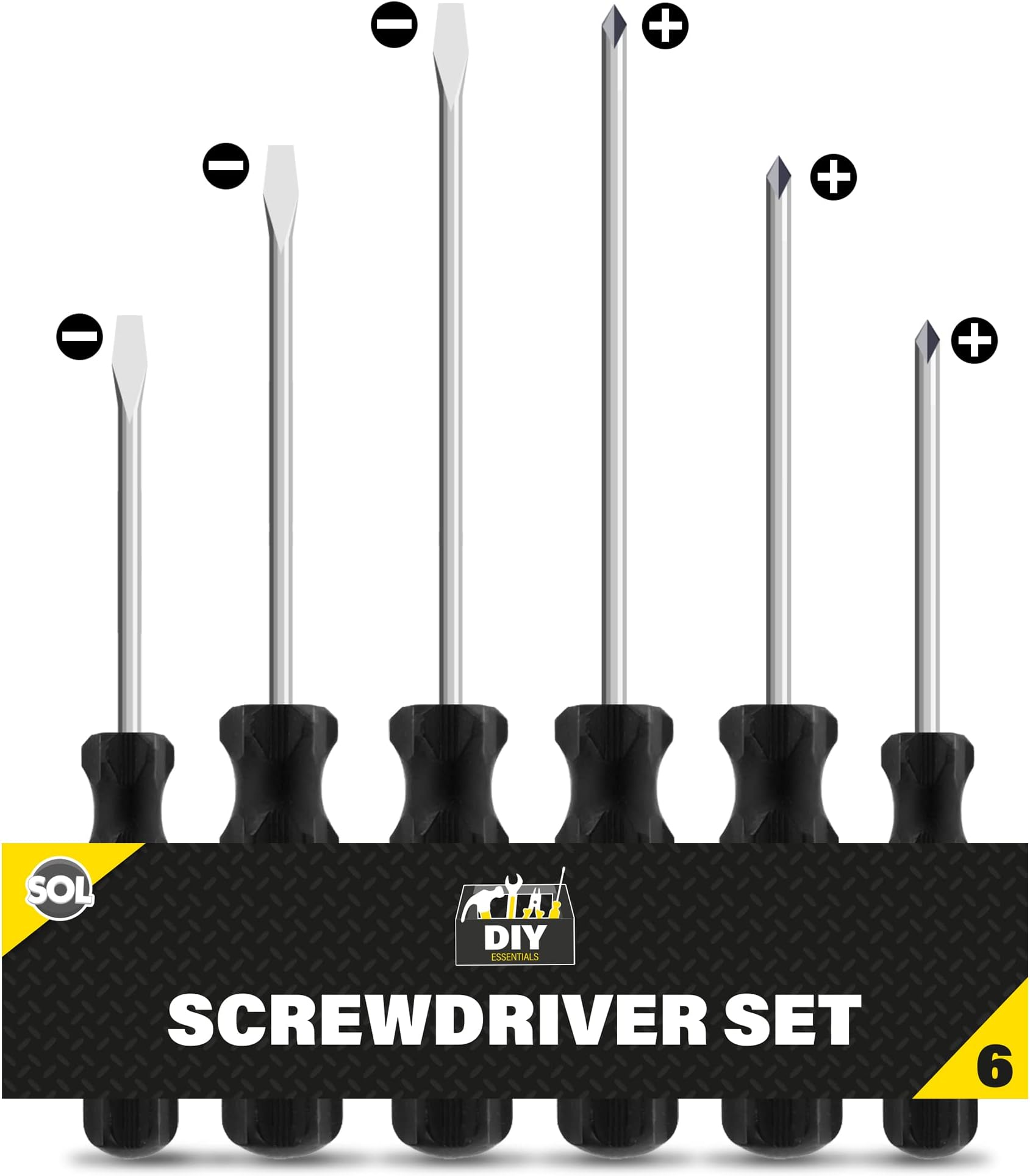 SOL 6pk Screwdriver Set Flat Head Phillips 3.4mm and 4.5mm Tips Magnetic Precision Tools Comfortable Grip Handles for DIY Repairs Home Maintenance Furniture Assembly Workshop Use
