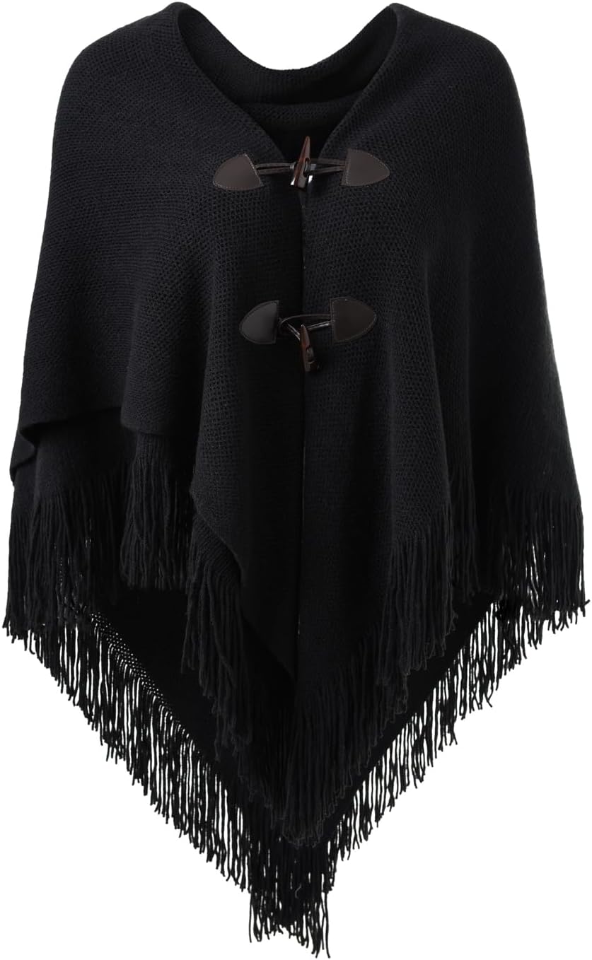 Ferand Women’s Loose Fitting Poncho Cape Shawl with Stylish Horn Buttons, V Neckline and V Hem