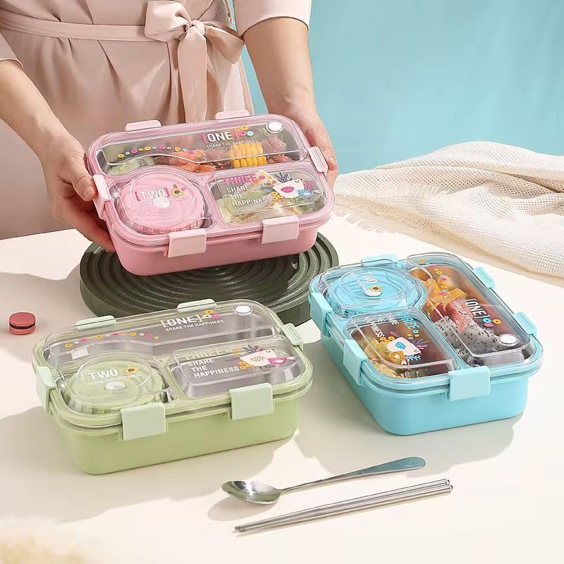 Image of Brand Conquer Lunch Box Leak-Proof BPA Free Stainless Steel for School, Lunch Box for School & Office with a Fork, a Spoon and a Pair of Chopsticks (Classic Blue, Happiness 3 Compartment Lunch Box)